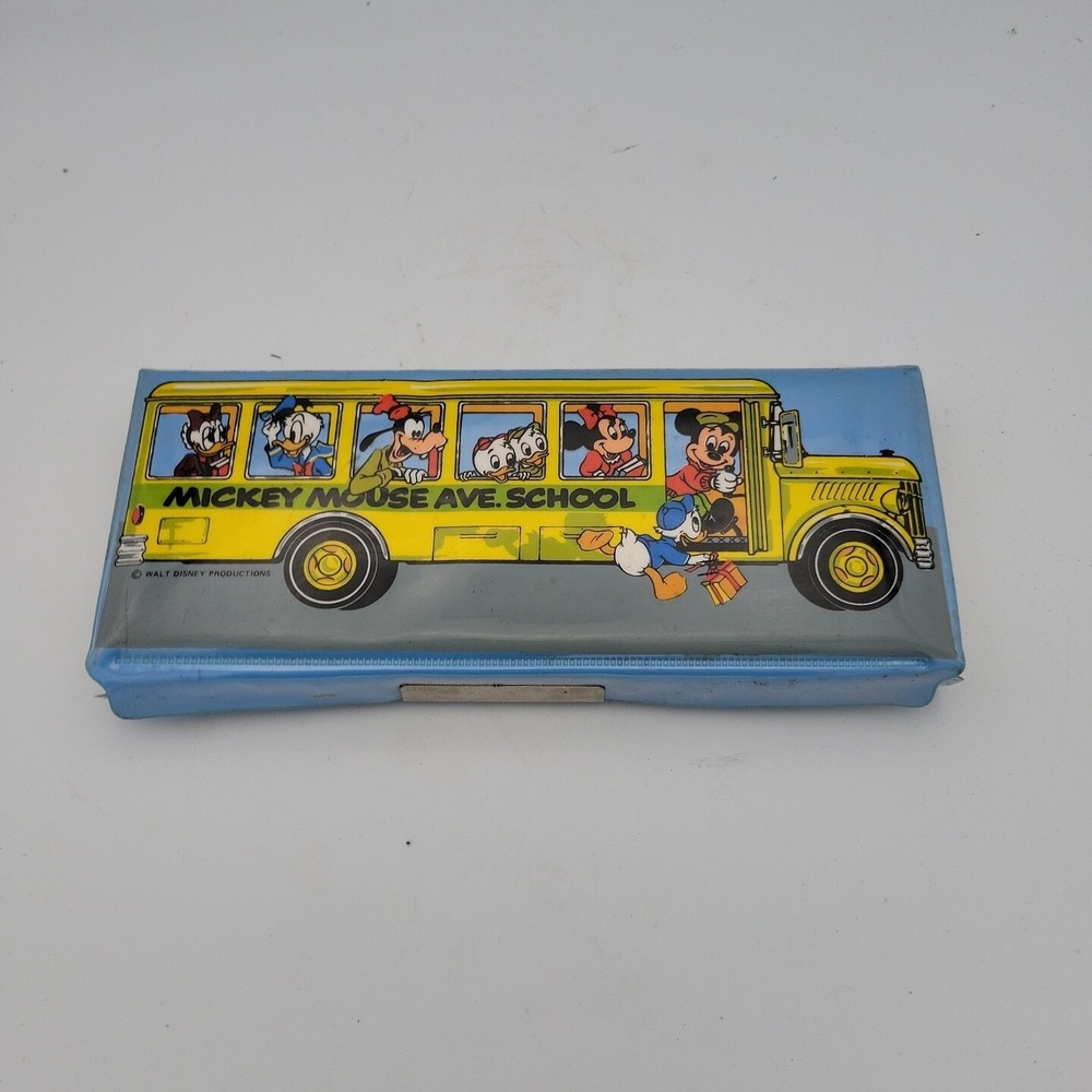 VTG Walt Disney Mickey Mouse Ave School Vinyl Pencil Box Case School Bus Blue